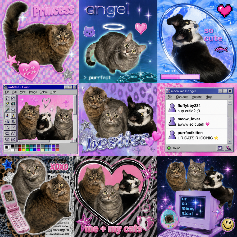 3x3 grid of Sarah's cats: Shadow, Ozzy and Paper Boy